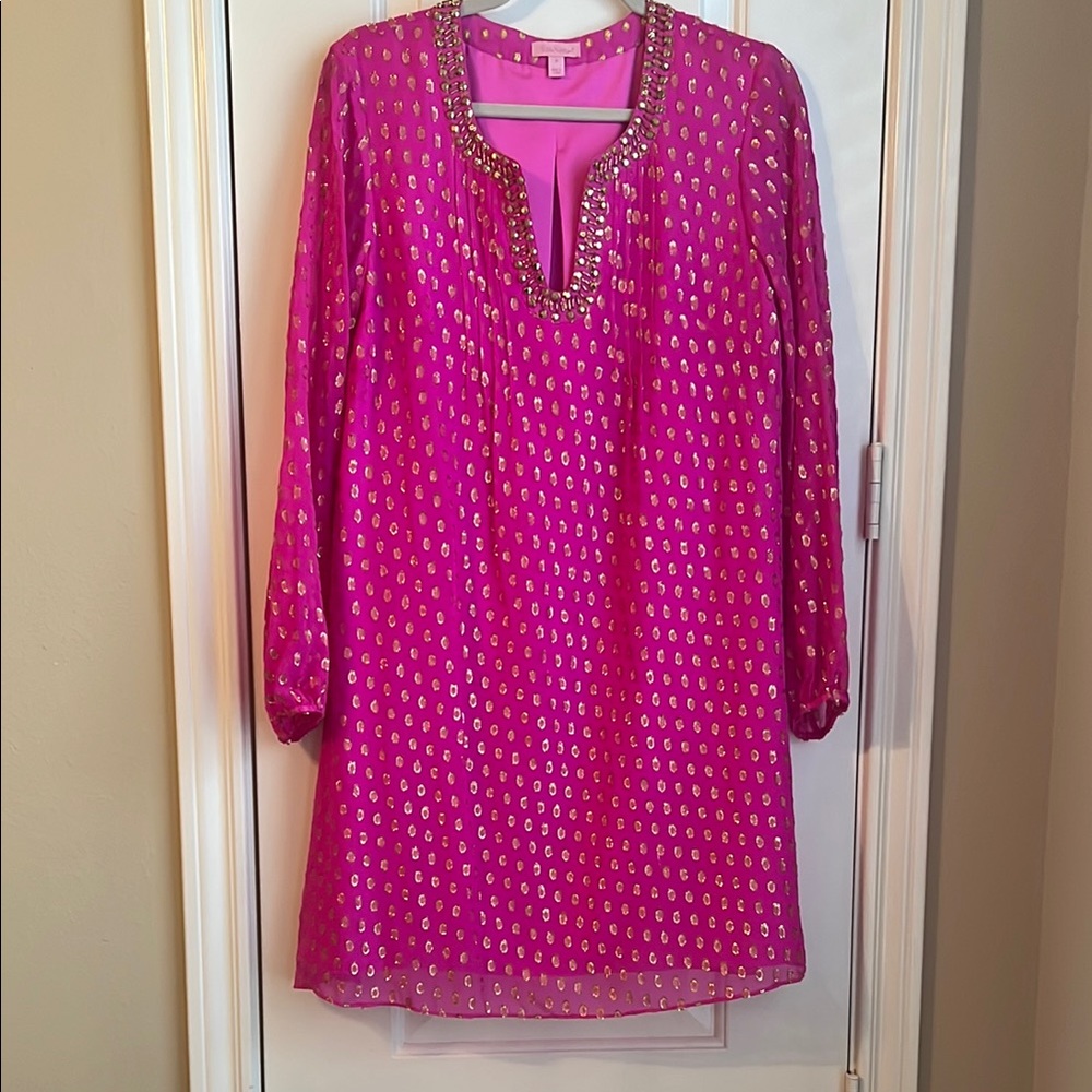 Lilly Pulitzer Pink Plunge Neck Long Sleeve Dress